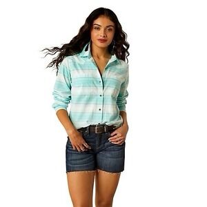 Ariat Real Billie Jean Long Sleeve Shirt Women's L Blue Plaid Relaxed Top New